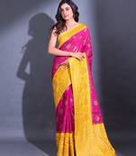 Magenta Dupion Silk Handwoven Saree With Zari Woven Texture And Floral Patterns