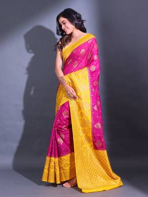 Magenta Dupion Silk Handwoven Saree With Zari Woven Texture And Floral Patterns 3