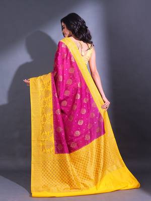 Magenta Dupion Silk Handwoven Saree With Zari Woven Texture And Floral Patterns 4