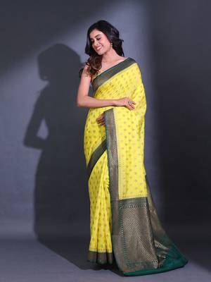 Yellow Dupion Silk Handwoven Saree With Zari Woven Texture And Floral Patterns 1