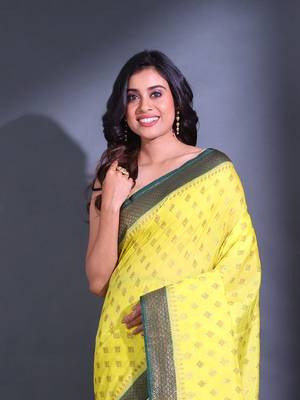 Yellow Dupion Silk Handwoven Saree With Zari Woven Texture And Floral Patterns 2