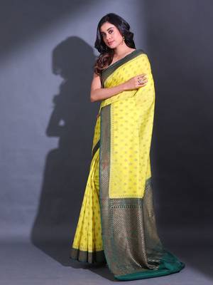 Yellow Dupion Silk Handwoven Saree With Zari Woven Texture And Floral Patterns 3