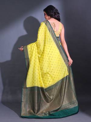 Yellow Dupion Silk Handwoven Saree With Zari Woven Texture And Floral Patterns 4
