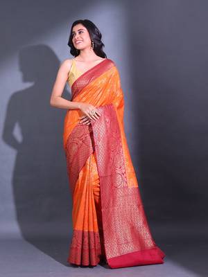 Orange Dupion Silk Handwoven Saree With Zari Woven Texture And Floral Patterns 1