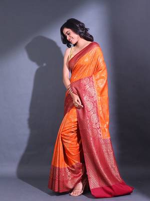Orange Dupion Silk Handwoven Saree With Zari Woven Texture And Floral Patterns 3