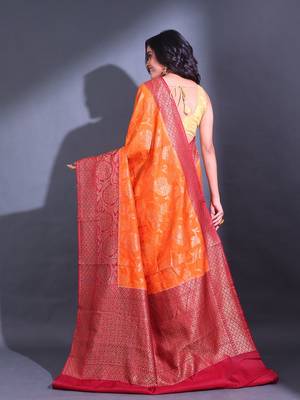 Orange Dupion Silk Handwoven Saree With Zari Woven Texture And Floral Patterns 4