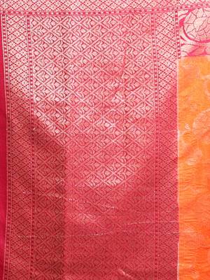 Orange Dupion Silk Handwoven Saree With Zari Woven Texture And Floral Patterns 5