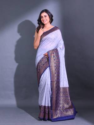 Grey Dupion Silk Handwoven Saree With Zari Woven Texture And Floral Patterns 1