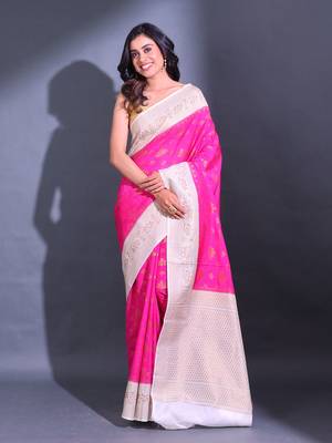 Fuchsia Dupion Silk Handwoven Saree With Zari Woven Texture And Floral Patterns 1