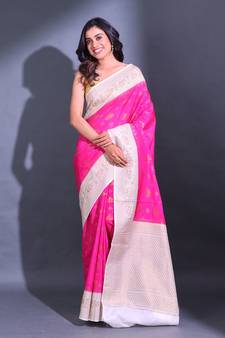 Fuchsia Dupion Silk Handwoven Saree With Zari Woven Texture And Floral Patterns
