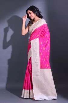 Fuchsia Dupion Silk Handwoven Saree With Zari Woven Texture And Floral Patterns