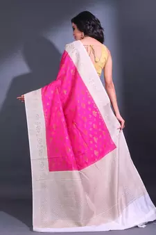 Fuchsia Dupion Silk Handwoven Saree With Zari Woven Texture And Floral Patterns