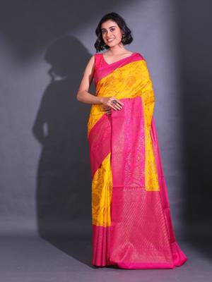 Yellow Dupion Silk Handwoven Saree With Zari Woven Lotus And Texture Patterns 1