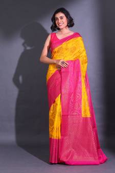 Yellow Dupion Silk Handwoven Saree With Zari Woven Lotus And Texture Patterns