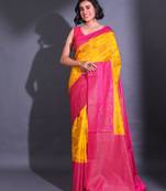Yellow Dupion Silk Handwoven Saree With Zari Woven Lotus And Texture Patterns