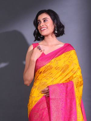 Yellow Dupion Silk Handwoven Saree With Zari Woven Lotus And Texture Patterns 2