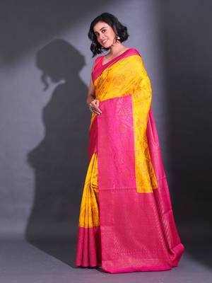 Yellow Dupion Silk Handwoven Saree With Zari Woven Lotus And Texture Patterns 3