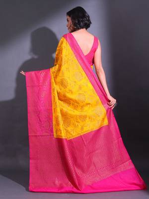 Yellow Dupion Silk Handwoven Saree With Zari Woven Lotus And Texture Patterns 4