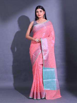 Peach Cotton Blend Handwoven Saree With Zari Woven Nakshi And Texture Patterns 1