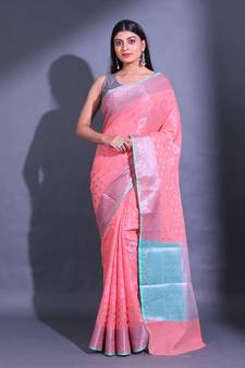 Peach Cotton Blend Handwoven Saree With Zari Woven Nakshi And Texture Patterns