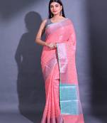 Peach Cotton Blend Handwoven Saree With Zari Woven Nakshi And Texture Patterns