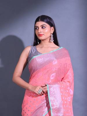 Peach Cotton Blend Handwoven Saree With Zari Woven Nakshi And Texture Patterns 2