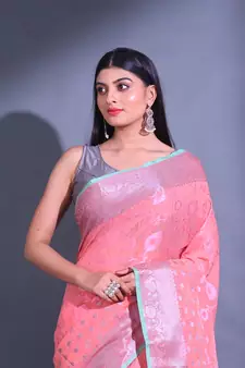 Peach Cotton Blend Handwoven Saree With Zari Woven Nakshi And Texture Patterns