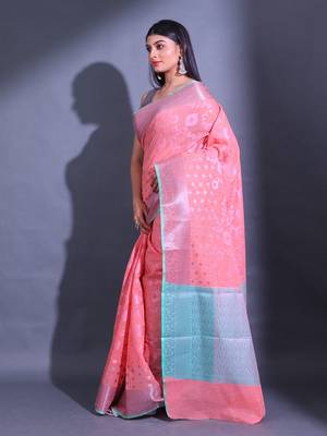 Peach Cotton Blend Handwoven Saree With Zari Woven Nakshi And Texture Patterns 3
