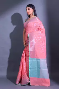 Peach Cotton Blend Handwoven Saree With Zari Woven Nakshi And Texture Patterns