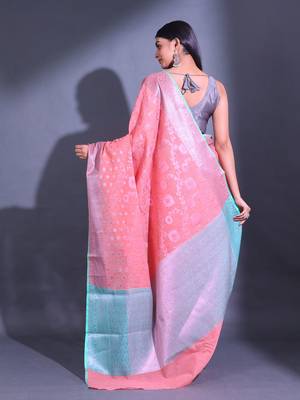 Peach Cotton Blend Handwoven Saree With Zari Woven Nakshi And Texture Patterns 4