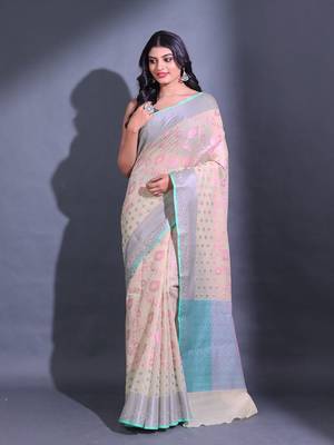 Cream Cotton Blend Handwoven Saree With Zari Woven Nakshi And Texture Patterns 1