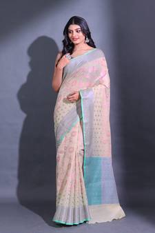 Cream Cotton Blend Handwoven Saree With Zari Woven Nakshi And Texture Patterns