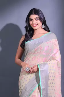 Cream Cotton Blend Handwoven Saree With Zari Woven Nakshi And Texture Patterns