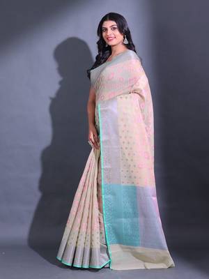 Cream Cotton Blend Handwoven Saree With Zari Woven Nakshi And Texture Patterns 3