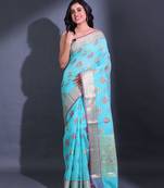 Sky Blue Cotton Blend Handwoven Saree With Zari Woven Floral And Damask Motifs