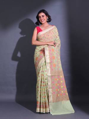 Tea Green Cotton Blend Handwoven Saree With Zari Woven Floral Designs 1