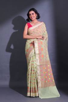 Tea Green Cotton Blend Handwoven Saree With Zari Woven Floral Designs