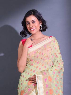 Tea Green Cotton Blend Handwoven Saree With Zari Woven Floral Designs 2