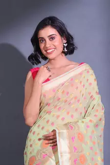 Tea Green Cotton Blend Handwoven Saree With Zari Woven Floral Designs