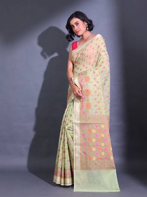Tea Green Cotton Blend Handwoven Saree With Zari Woven Floral Designs 3