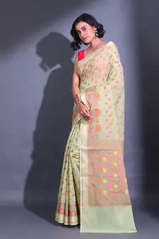 Tea Green Cotton Blend Handwoven Saree With Zari Woven Floral Designs