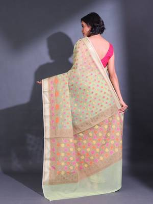 Tea Green Cotton Blend Handwoven Saree With Zari Woven Floral Designs 4