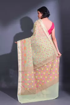 Tea Green Cotton Blend Handwoven Saree With Zari Woven Floral Designs
