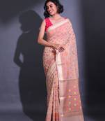 Beige Cotton Blend Handwoven Saree With Zari Woven Floral Designs
