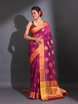 Plum Purple Cotton Handwoven Saree With Nakshi Pattern And Floral Borders 1
