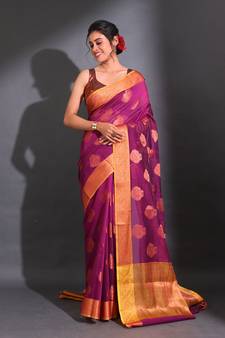 Plum Purple Cotton Handwoven Saree With Nakshi Pattern And Floral Borders