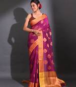 Plum Purple Cotton Handwoven Saree With Nakshi Pattern And Floral Borders
