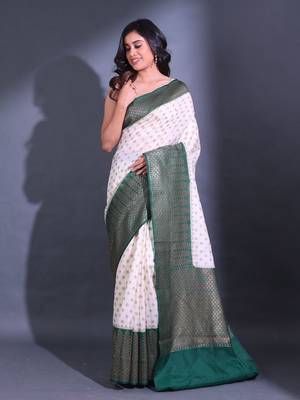 White Dupion Silk Handwoven Saree With Zari Woven Ethnic Buttas And Texture Patterns 1