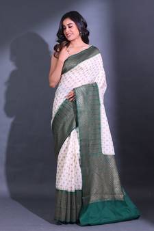 White Dupion Silk Handwoven Saree With Zari Woven Ethnic Buttas And Texture Patterns