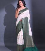 White Dupion Silk Handwoven Saree With Zari Woven Ethnic Buttas And Texture Patterns